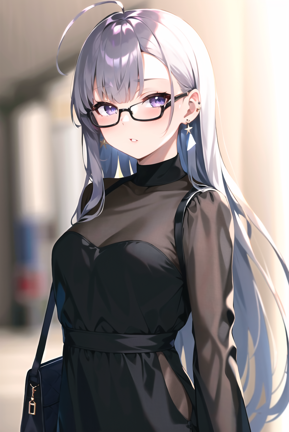 3978515137-2457037637-rolua, __1girl, ahoge, bag, bangs, black-framed eyewear, black dress, blurry, blurry background, blush, breasts, depth of field,.png